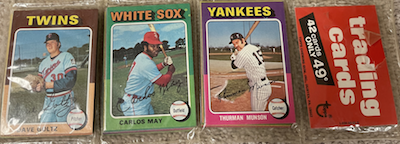 1975 Topps rack pack with Thurman Munson on top