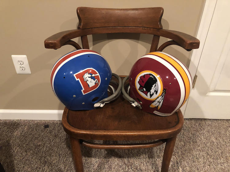 Vintage Redskins and Broncos helemts