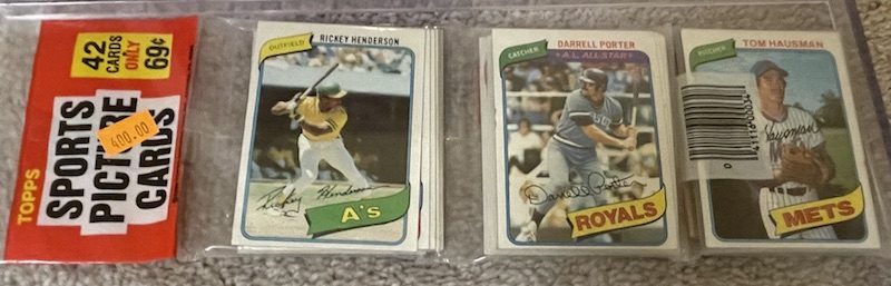 1980 Topps rack pack with Rickey Henderson on top