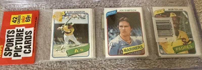 1980 Topps rack pack with Rickey Henderson on top