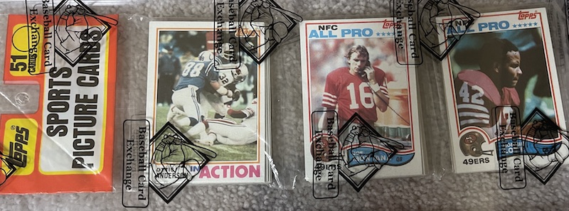 1982 Topps rack pack with Joe Montana and Ronnie Lott on top