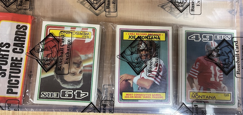 1983 Topps rack pack with Joe Montana on top