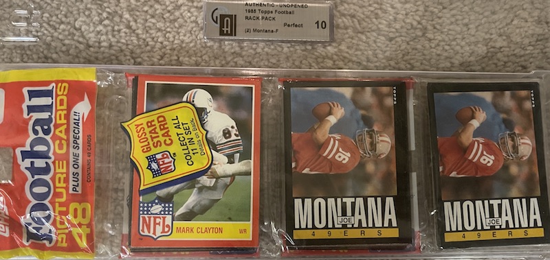 1985 Topps rack pack with Joe Montana on top