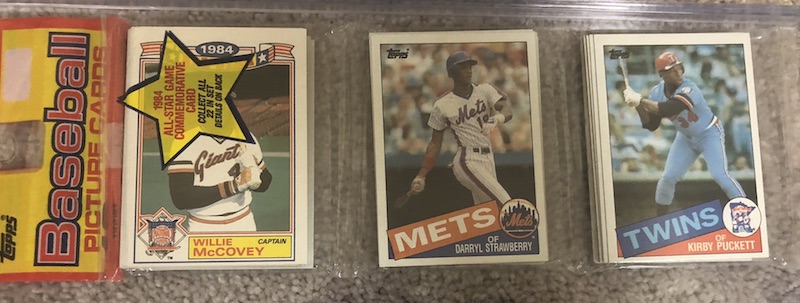 1985 Topps rack pack with Darryl Strawberry and Kirby Puckett on top