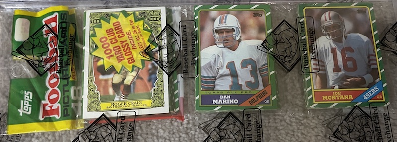 1986 Topps rack pack with Joe Montana and Dan Marino on top