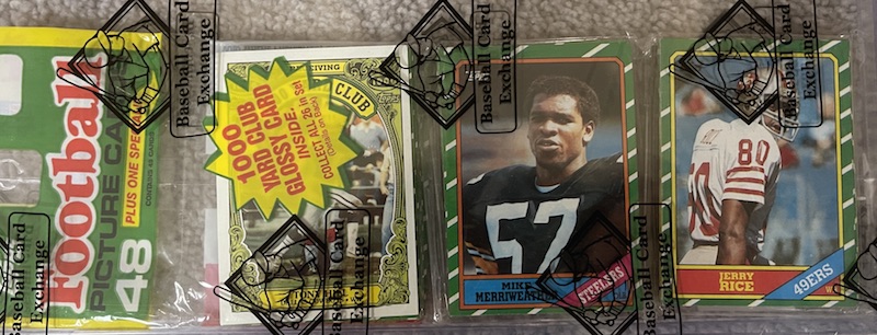 1986 Topps rack pack with Jerry Rice on top