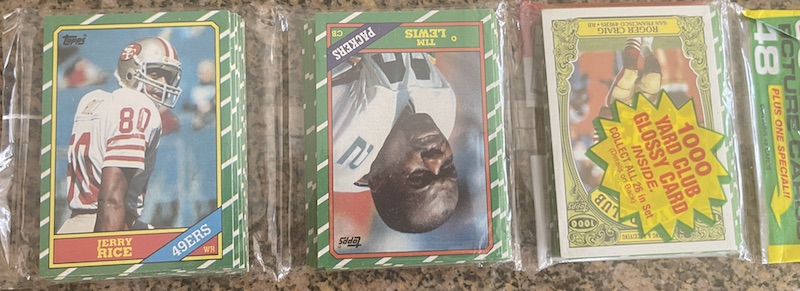 1986 Topps rack pack with Jerry Rice on top