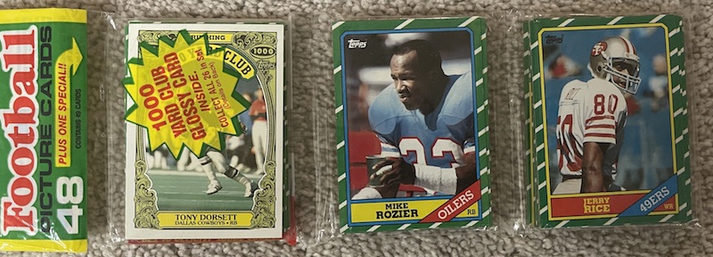 1986 Topps rack pack with Jerry Rice on top