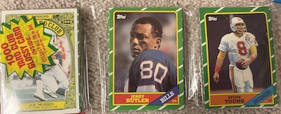 1986 Topps rack pack with Steve Young and John Elway on top