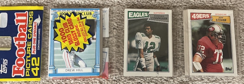 1987 Topps rack pack with Randall Cunningham on top