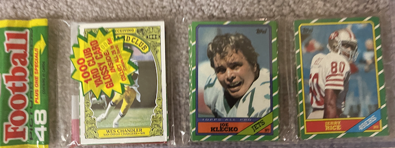 1986 Topps rack pack with Jerry Rice on top